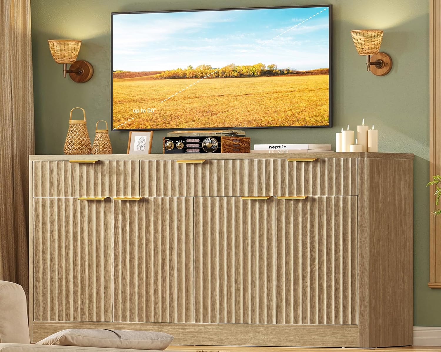 usikey Large Buffet Cabinet with Storage & Drawers, Sideboard Cabinet with 2 Adjustable Shelves & 4 Doors, Coffee Bar Station, Kitchen Storage Cabinets, Natural