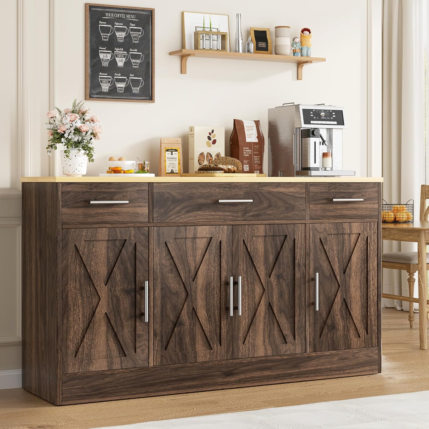 Vongrasig Buffet Cabinet with Drawers, 53” Large Sideboard Buffet Kitchen Storage Cabinet, Modern Farmhouse Coffee Bar with Shelves and Doors, Wood Buffet Table for Kitchen, Dining Room, Rustic Brown