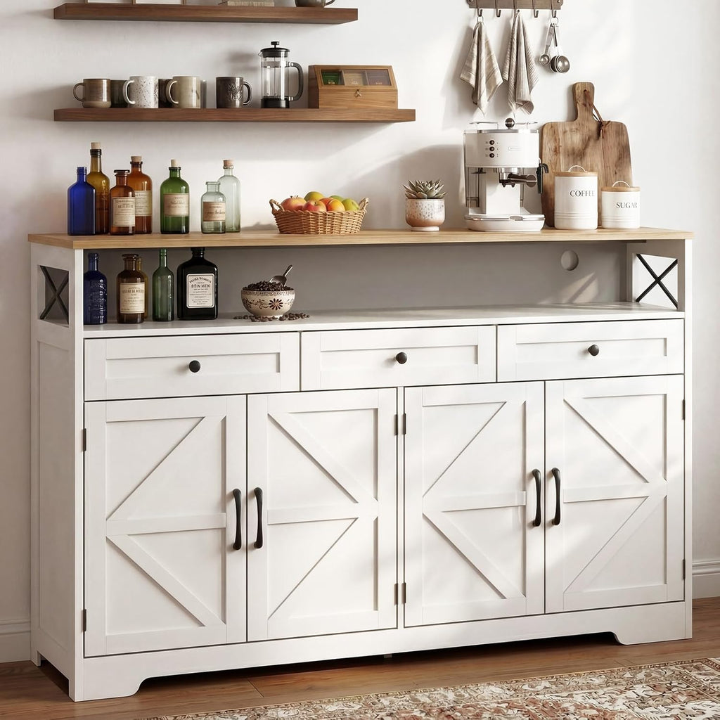 Lahomie Sideboard Buffet Cabinet with Storage, 55" Kitchen Buffet Cabinet with Charging Station, Farmhouse Coffee Bar Station with Drawers and Doors, Credenza for Kitchen Living Room Entryway, White