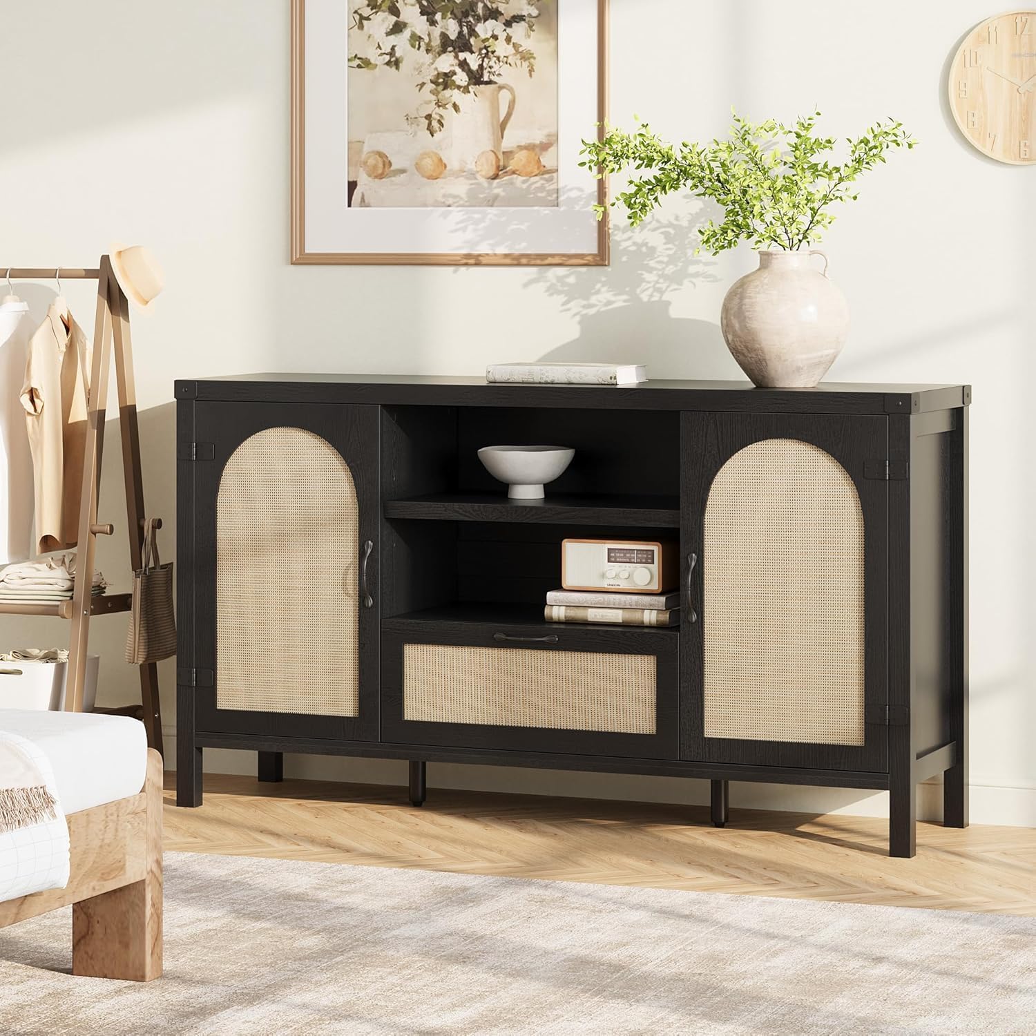 IDEALHOUSE 47.2" Buffet Cabinet with Storage, Farmhouse Kitchen Sideboard with Drawer, Rattan Coffee Bar Cabinet for Living Room, Kitchen, Entryway, Black
