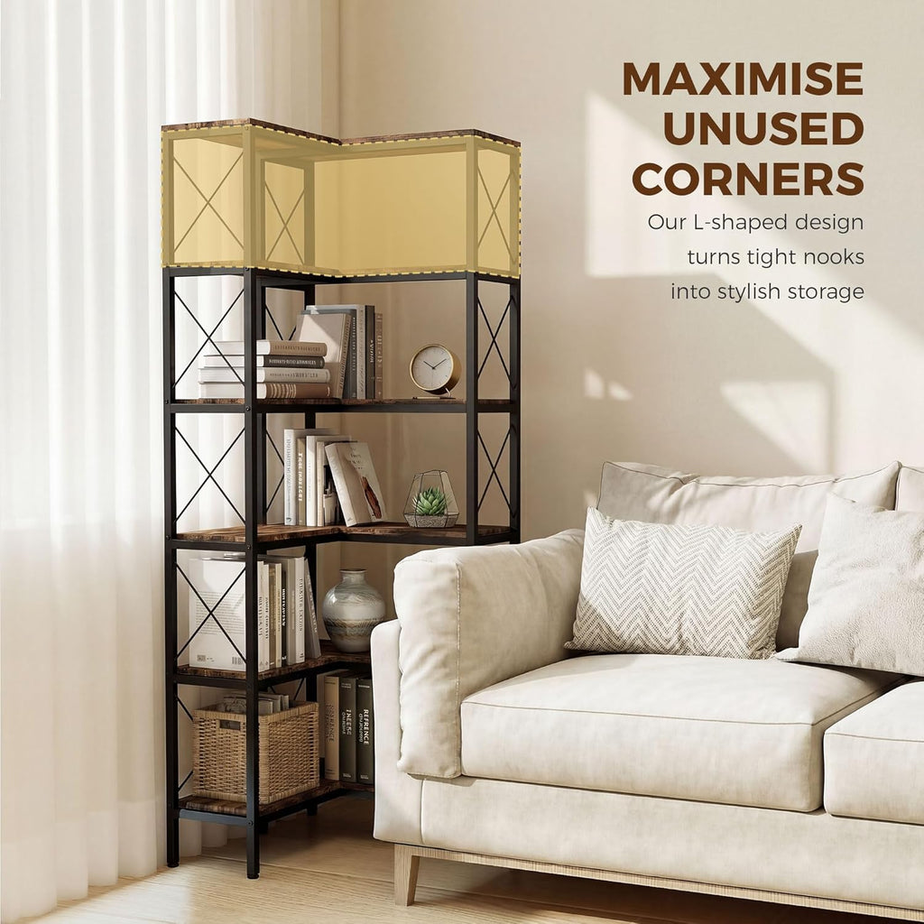 HOMCOM 5-Tier L-Shaped Bookshelf, Corner Bookcase, Modern Freestanding Display Shelf Unit for Home Office, Living Room, Rustic Brown