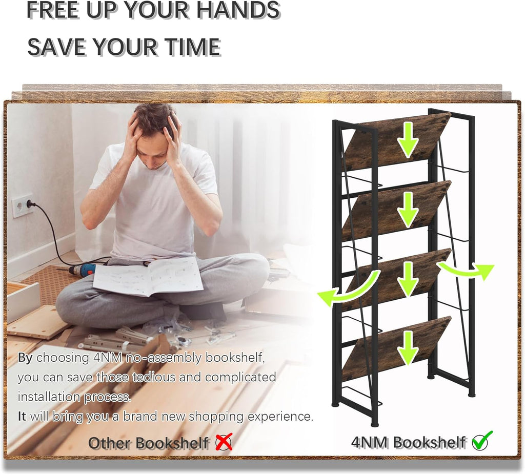 4NM No Assembly Folding Bookshelf Storage Shelves 4 Tiers Vintage Bookcase Standing Racks Study Organizer Home Office (Rustic Brown Black)