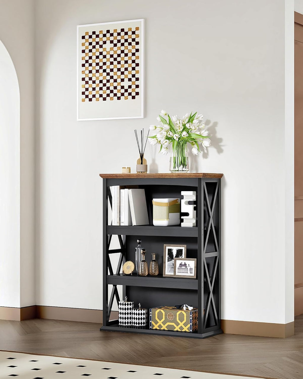 CHOEZON 4-Tier Bookcase, 42.9" Floor Standing Organizer Shelf, Corner Book Stand, Metal Frame, for Study, Bedroom, Living Room, Black and Walnut TSJ01BL