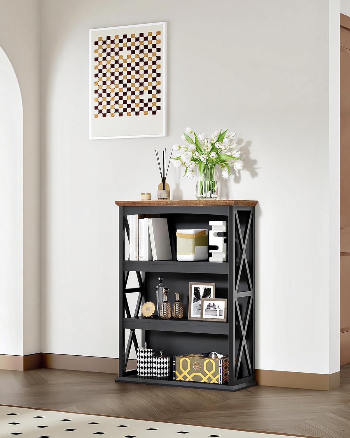 CHOEZON 4-Tier Bookcase, 42.9" Floor Standing Organizer Shelf, Corner Book Stand, Metal Frame, for Study, Bedroom, Living Room, Black and Walnut TSJ01BL