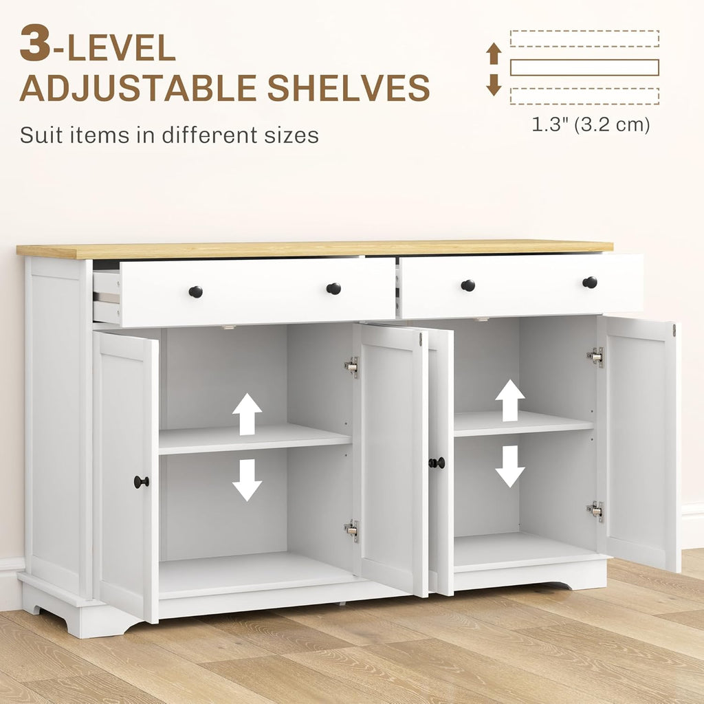 HOMCOM Sideboard Buffet Cabinet with Storage, 55" Modern Kitchen Cabinet with 4 Doors, 2 Drawers and 2 Adjustable Shelves, Coffee Bar Cabinet, White