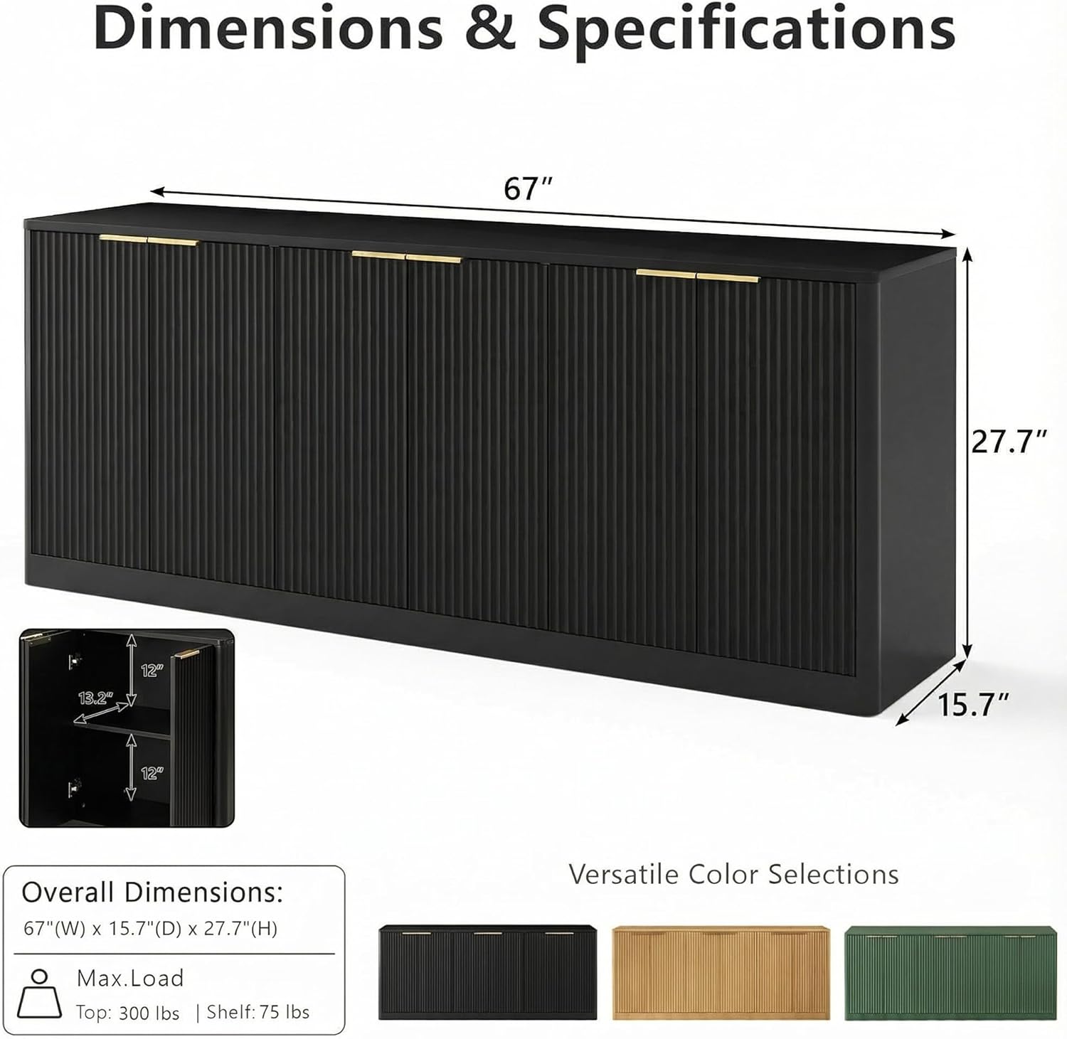 67" Fluted Buffet Cabinet Sideboard with Storage, Large Credenza with 6 Doors, Wood Mid Century Modern Sideboard for Kitchen and Living Room .Black