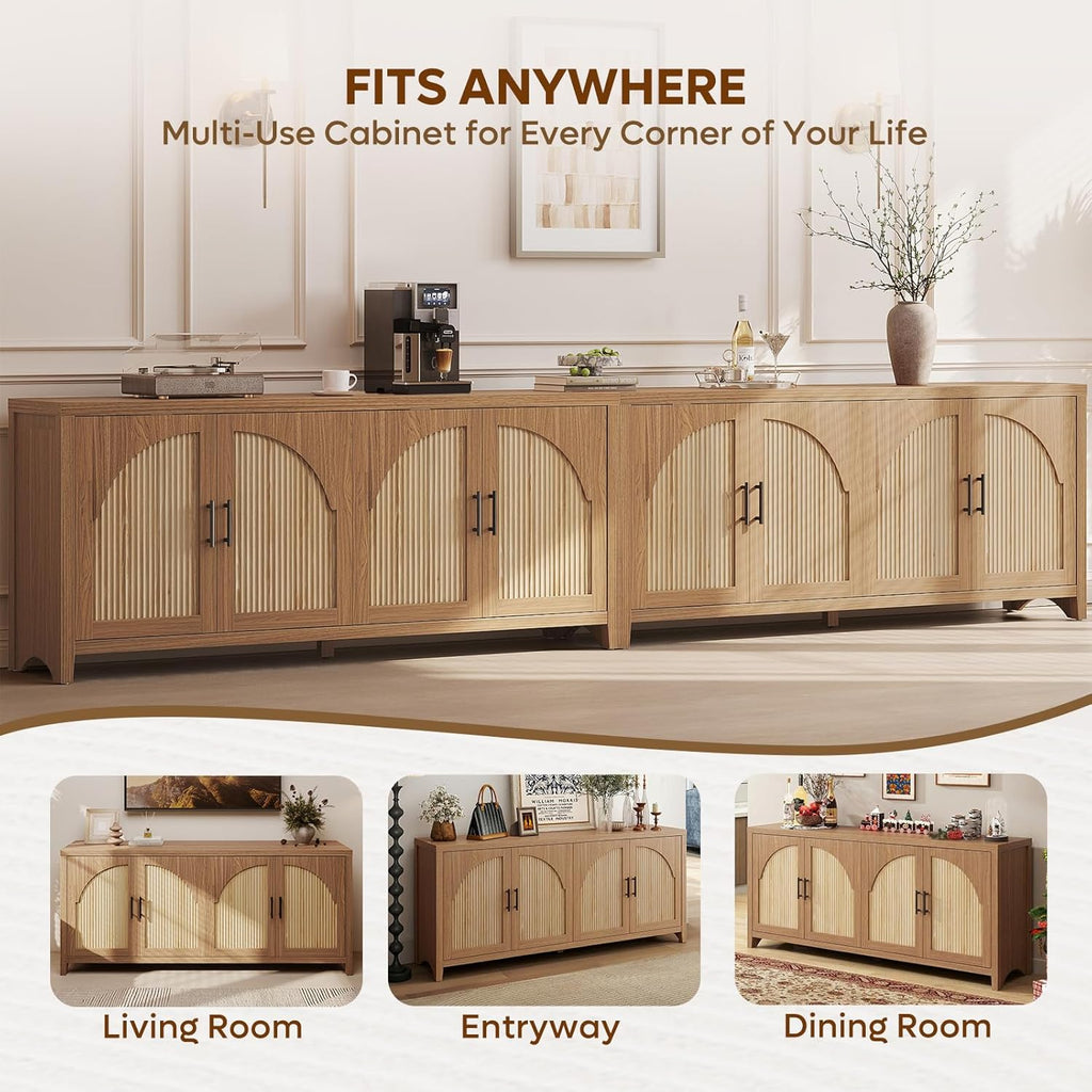 Bestier 70" Sideboard Buffet Cabinet with Storage, Large Modern Storage Credenza with Arch Fluted Doors & Adjustable Shelves, Farmhouse Wood Coffee Bar for Living Room, Kitchen, Entryway, English Oak