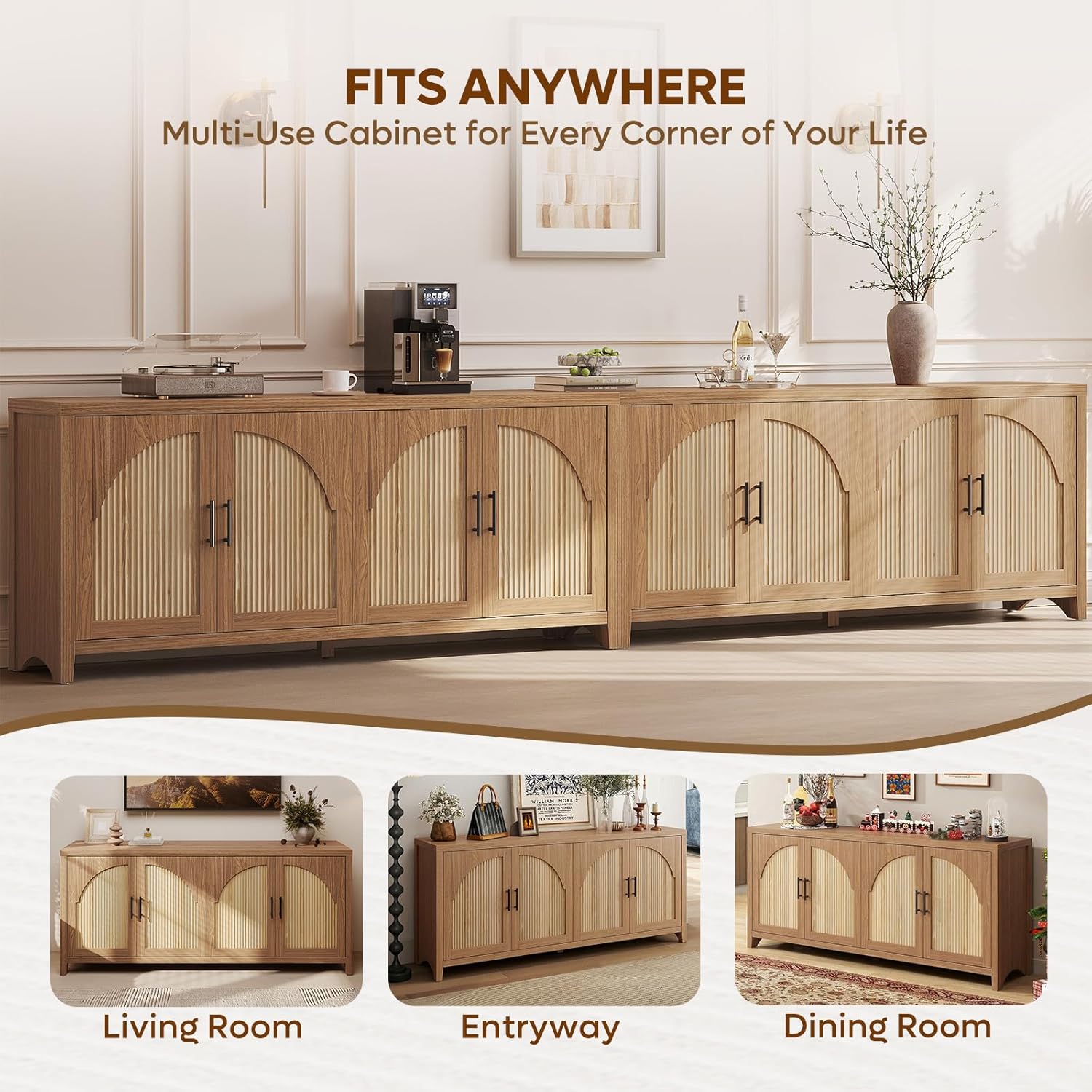 Bestier 70" Sideboard Buffet Cabinet with Storage, Large Modern Storage Credenza with Arch Fluted Doors & Adjustable Shelves, Farmhouse Wood Coffee Bar for Living Room, Kitchen, Entryway, English Oak