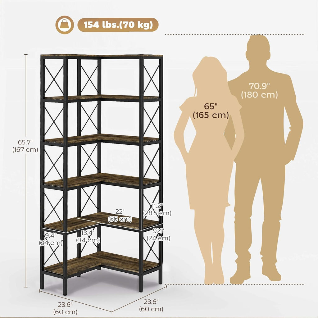 HOMCOM 5-Tier L-Shaped Bookshelf, Corner Bookcase, Modern Freestanding Display Shelf Unit for Home Office, Living Room, Rustic Brown