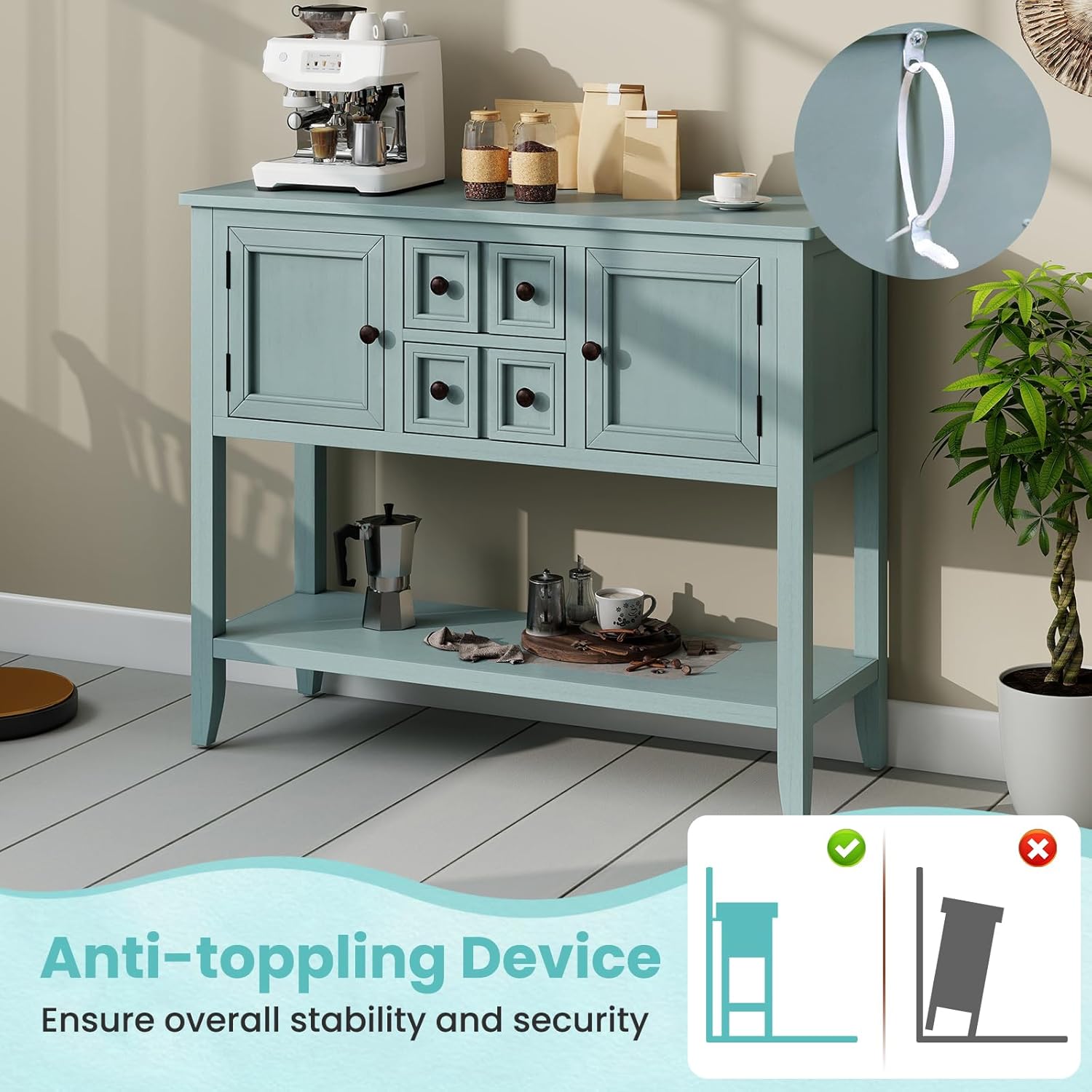 Giantex Sideboard Buffet Cabinet with Storage, 42'' Wood Credenza, Accent Coffee Bar Cabinet with Open Shelf, 2 Drawers & 2 Doors, Buffet Table for Entryway, Kitchen, Living Room, Hallway, Aqua Blue