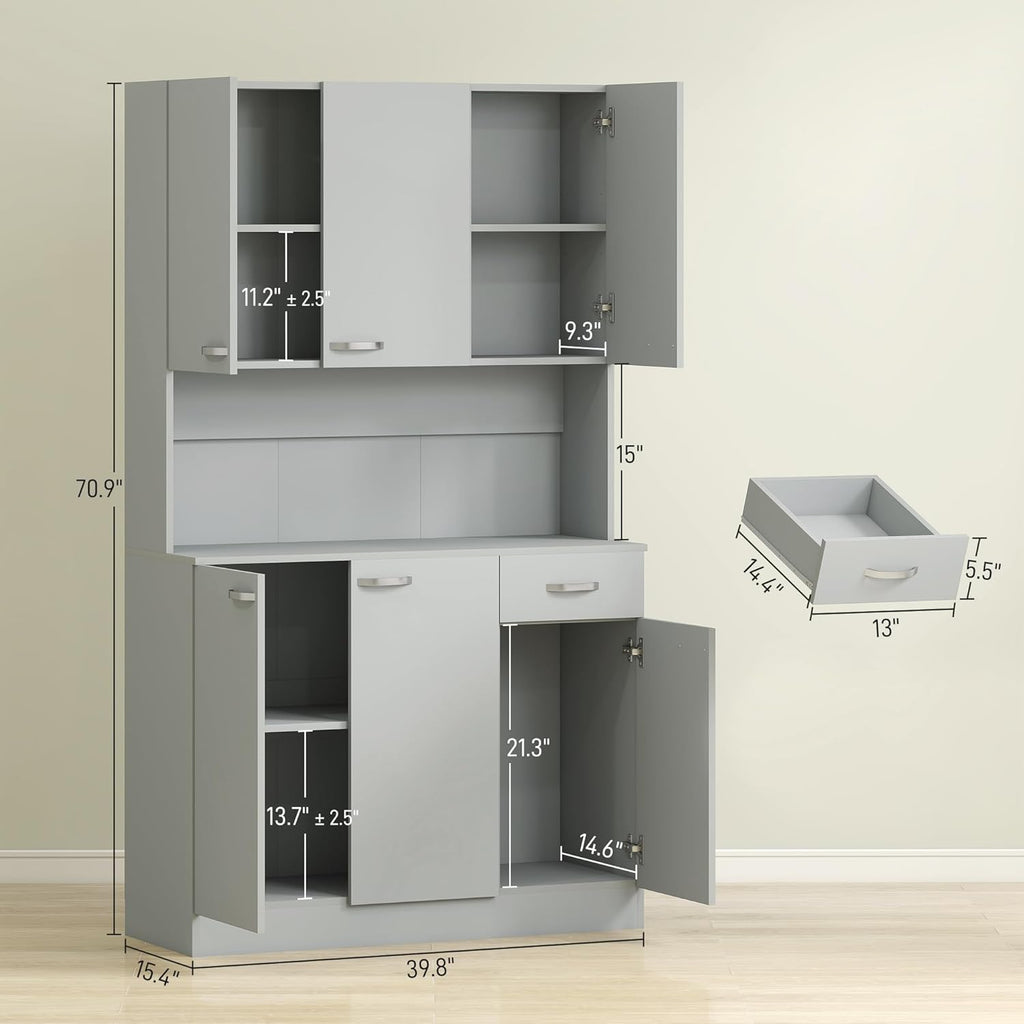 HOMCOM 71" Kitchen Pantry Cabinet, Tall Storage Cabinet with Microwave Stand, Buffet with Hutch, 6 Doors, Storage Drawer, 3 Adjustable Shelves for Living Room, Dining Room, Gray