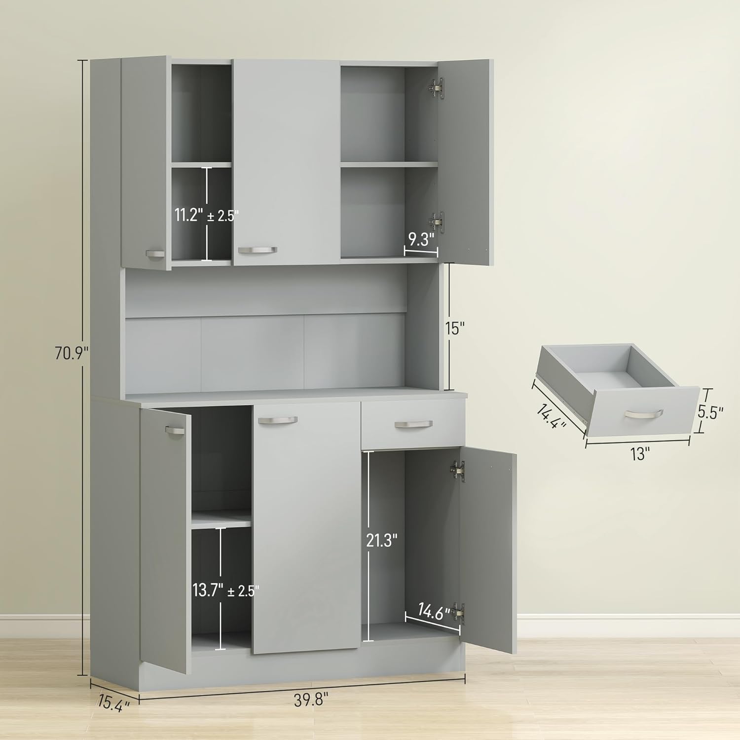 HOMCOM 71" Kitchen Pantry Cabinet, Tall Storage Cabinet with Microwave Stand, Buffet with Hutch, 6 Doors, Storage Drawer, 3 Adjustable Shelves for Living Room, Dining Room, Gray