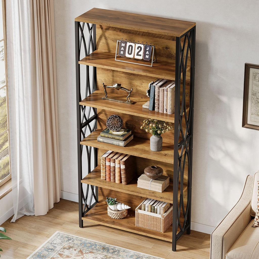 Tribesigns 70.87" Tall Bookshelf, 6-Tier Industrial Bookcase with Geometric Metal Frame & Open Storage Shelves, Rustic Freestanding Display Shelf for Home Office, Living Room, Brown& Black