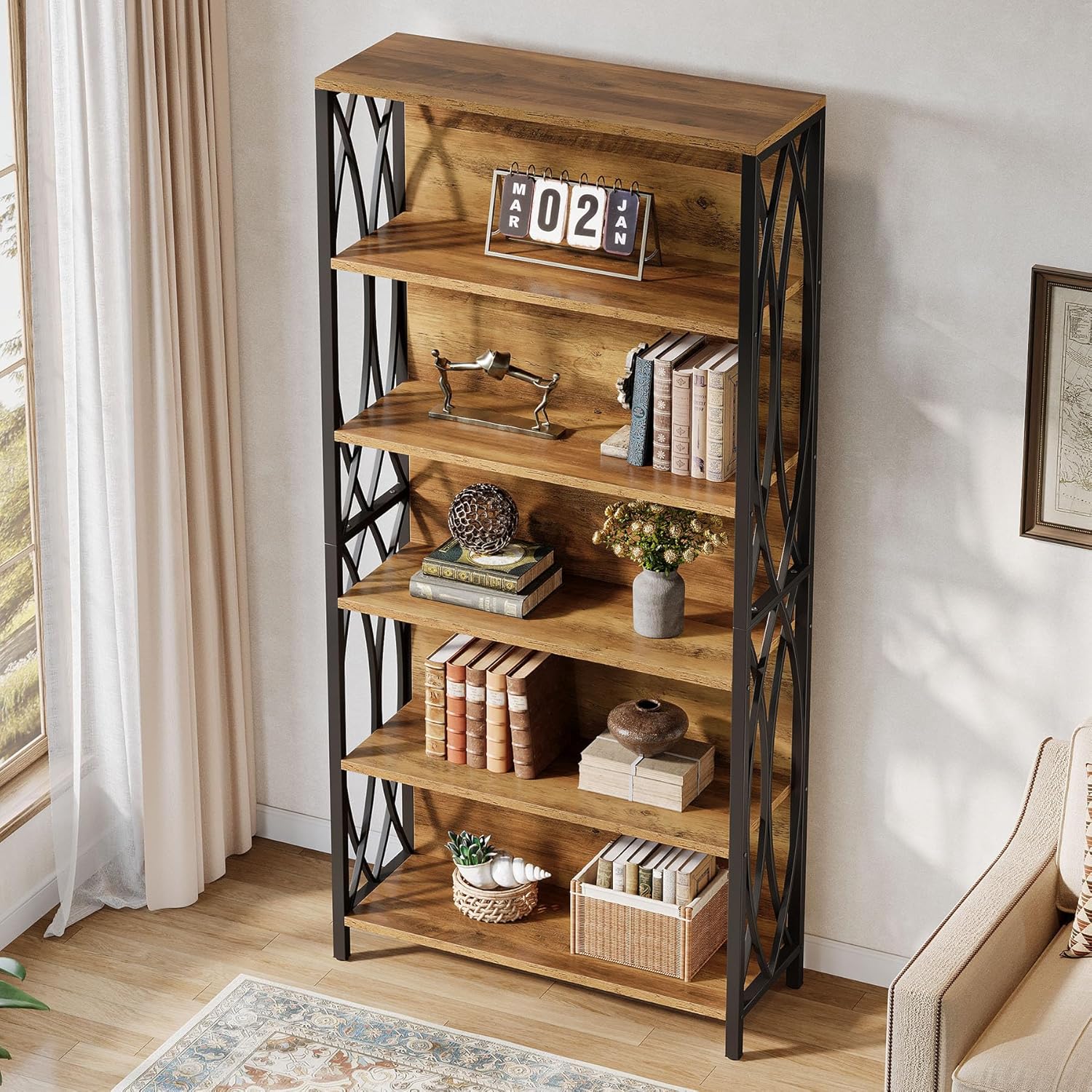 Tribesigns 70.87" Tall Bookshelf, 6-Tier Industrial Bookcase with Geometric Metal Frame & Open Storage Shelves, Rustic Freestanding Display Shelf for Home Office, Living Room, Brown& Black