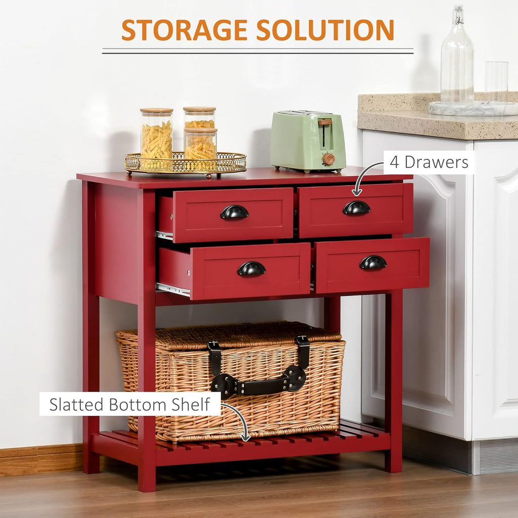 HOMCOM Sideboard Buffet Cabinet with Storage, Modern Coffee Bar Cabinet with 4 Drawers and Slatted Bottom Shelf, Console Table for Kitchen, Living Room, Dining Room, Hallway, Red