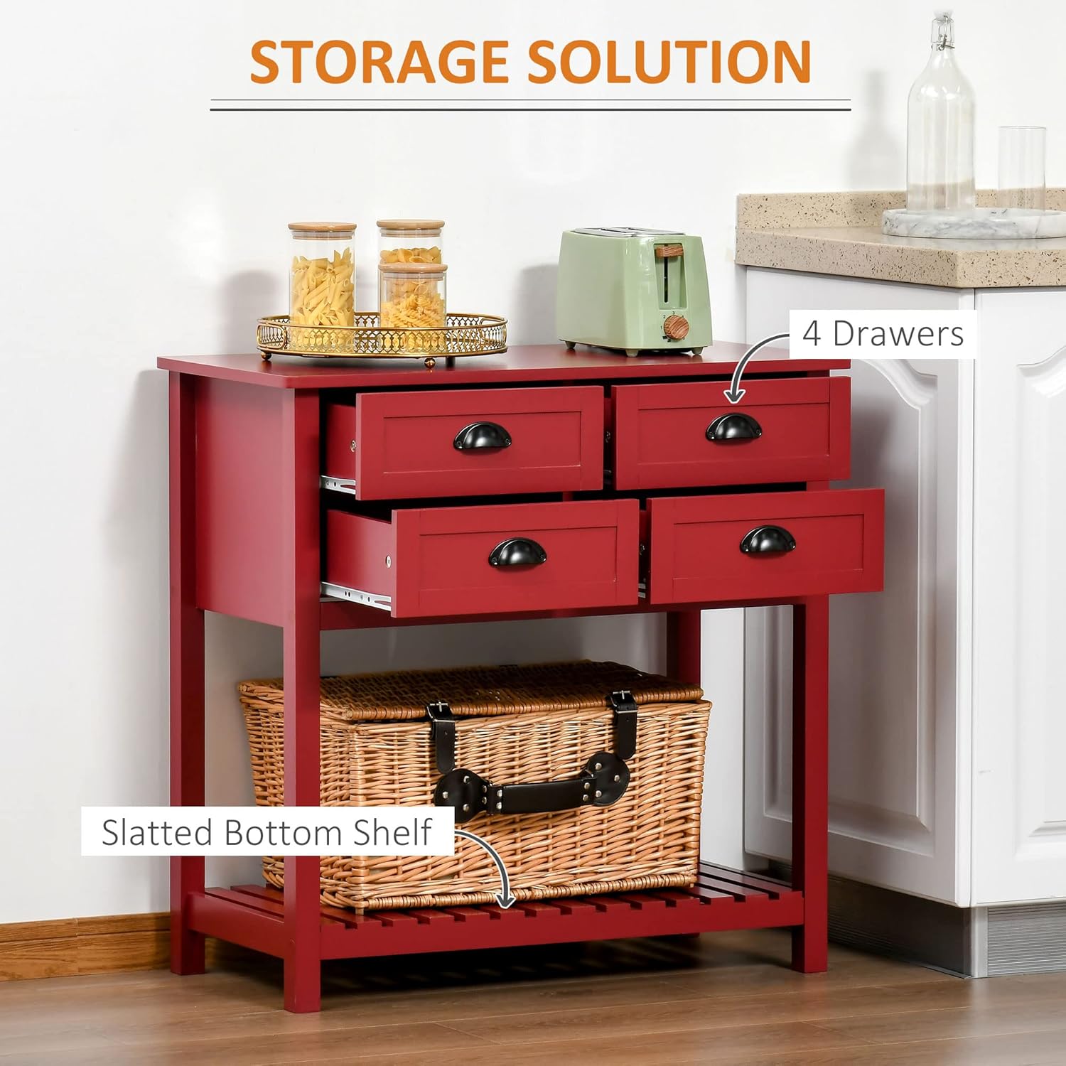 HOMCOM Sideboard Buffet Cabinet with Storage, Modern Coffee Bar Cabinet with 4 Drawers and Slatted Bottom Shelf, Console Table for Kitchen, Living Room, Dining Room, Hallway, Red