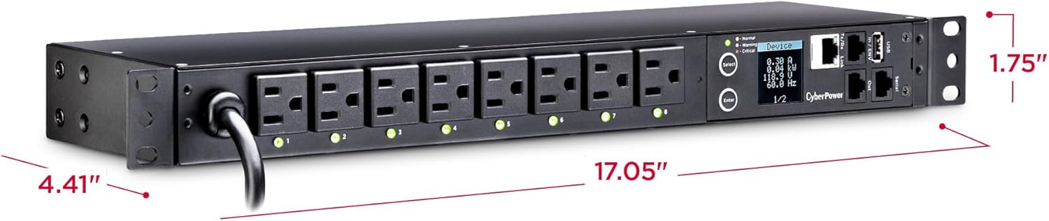 CyberPower PDU41001 Switched PDU, 100-120V/15A (Derated to 12A), 8 Outlets, 1U Rackmount