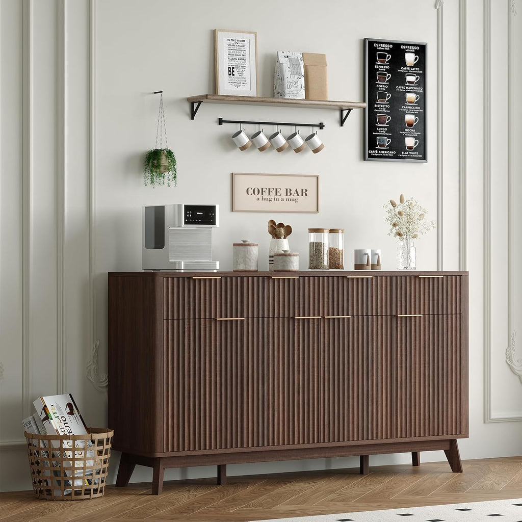 IDEALHOUSE 60" Large Farmhouse Sideboard Buffet Cabinet with Storage Drawers & Adjustable Shelves, Wood Fluted Buffet Storage Cabinet & Coffee Bar Console Table for Living Room & Kitchen Dining Room