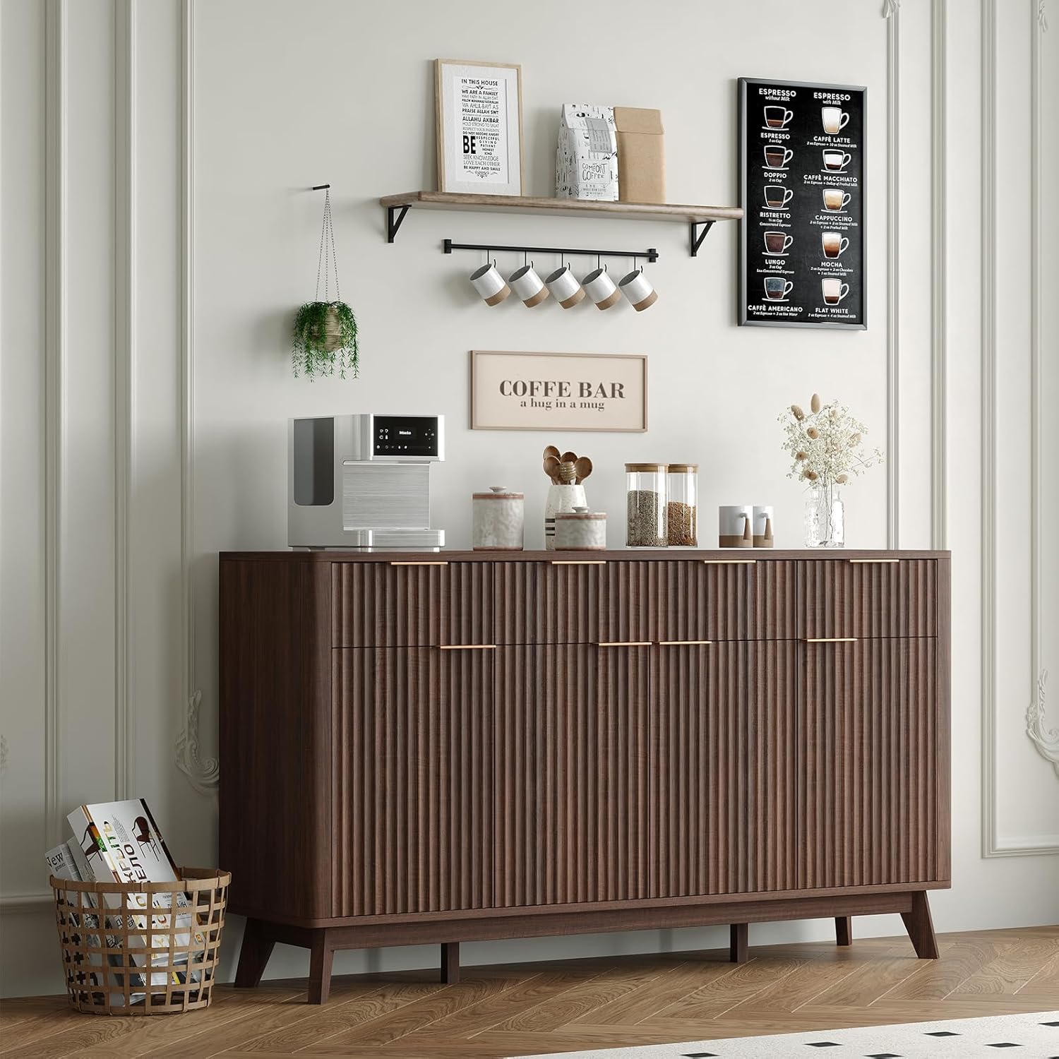 IDEALHOUSE 60" Large Farmhouse Sideboard Buffet Cabinet with Storage Drawers & Adjustable Shelves, Wood Fluted Buffet Storage Cabinet & Coffee Bar Console Table for Living Room & Kitchen Dining Room