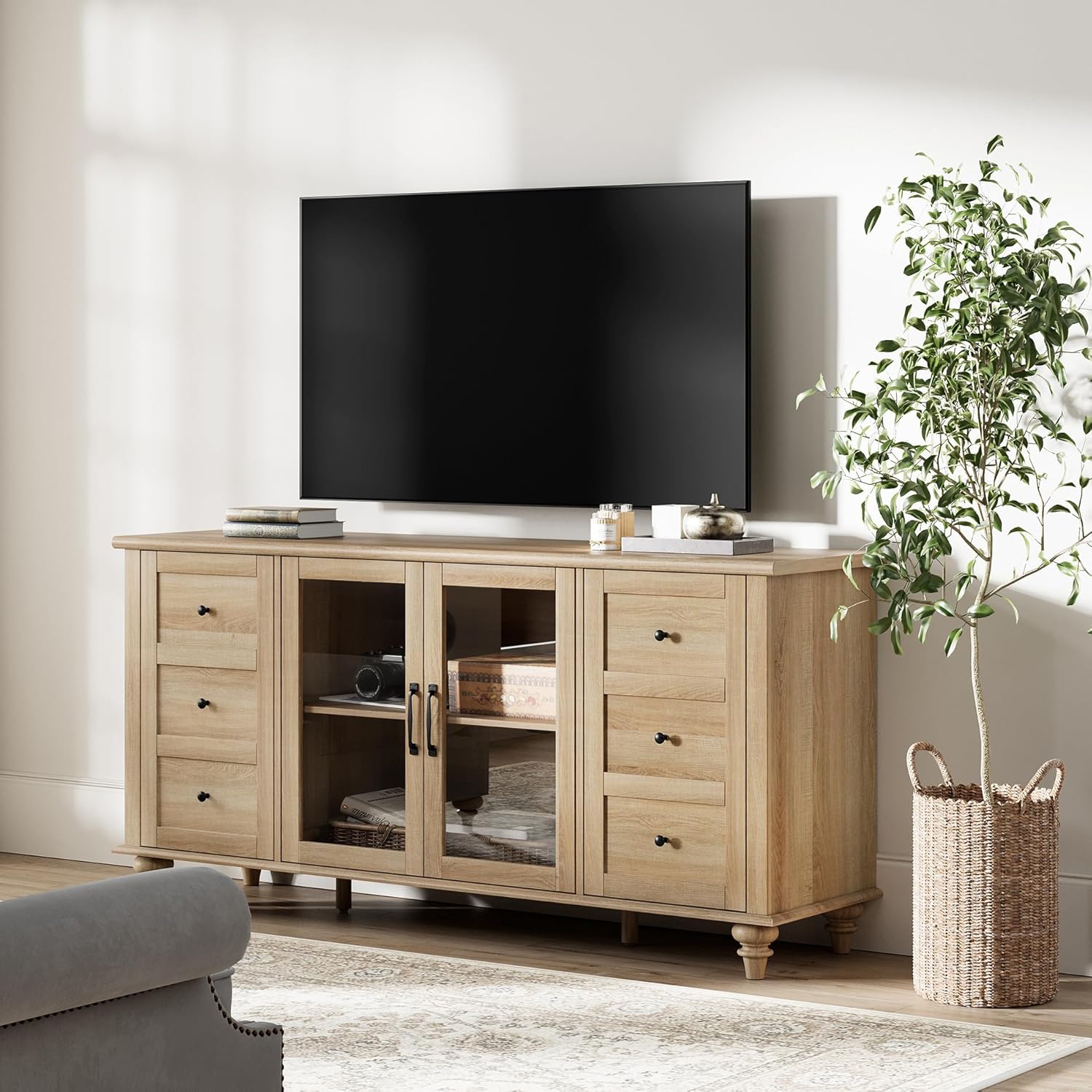 WAMPAT Farmhouse Sideboard Buffet Cabinet with Glass Door & Adjustable Shelf, Wooden Coffee Bar Table with Solid Wood Leg, Kitchen Storage Cabinet for Dining Room, Oak, 58 Inch