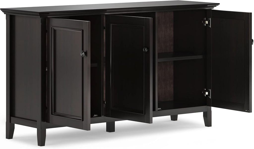 SIMPLIHOME Amherst 60-inch Wide Solid Wood 3-Door Storage Cabinet in Hickory Brown, Transitional-Style Buffet Sideboard for Living Room, Dining Room or Entryway