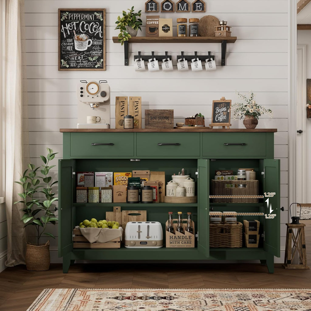 HORSTORS 47" Buffet Cabinet with Storage, Kitchen Buffet Table with Drawers, Modern Farmhouse Coffee Bar Storage Cabinet with Adjustable Shelf, Wood Sideboard for Dining Room, Kitchen, Entryway, Green