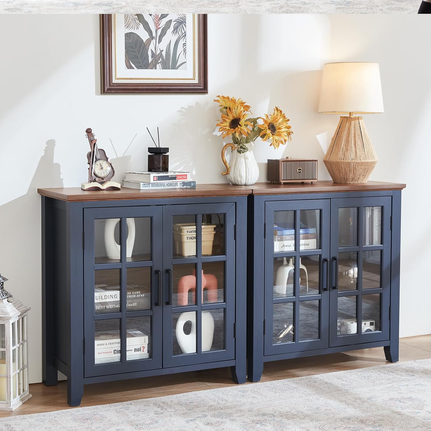 Joaxswe Large Sideboard Buffet Cabinet with Storage, 32" Farmhouse Navy Blue Kitchen Coffee Wine Bar Cabinet with 2 Glass Doors, Wood Mid Century Modern Side Board Table for Dining Room, Living Room