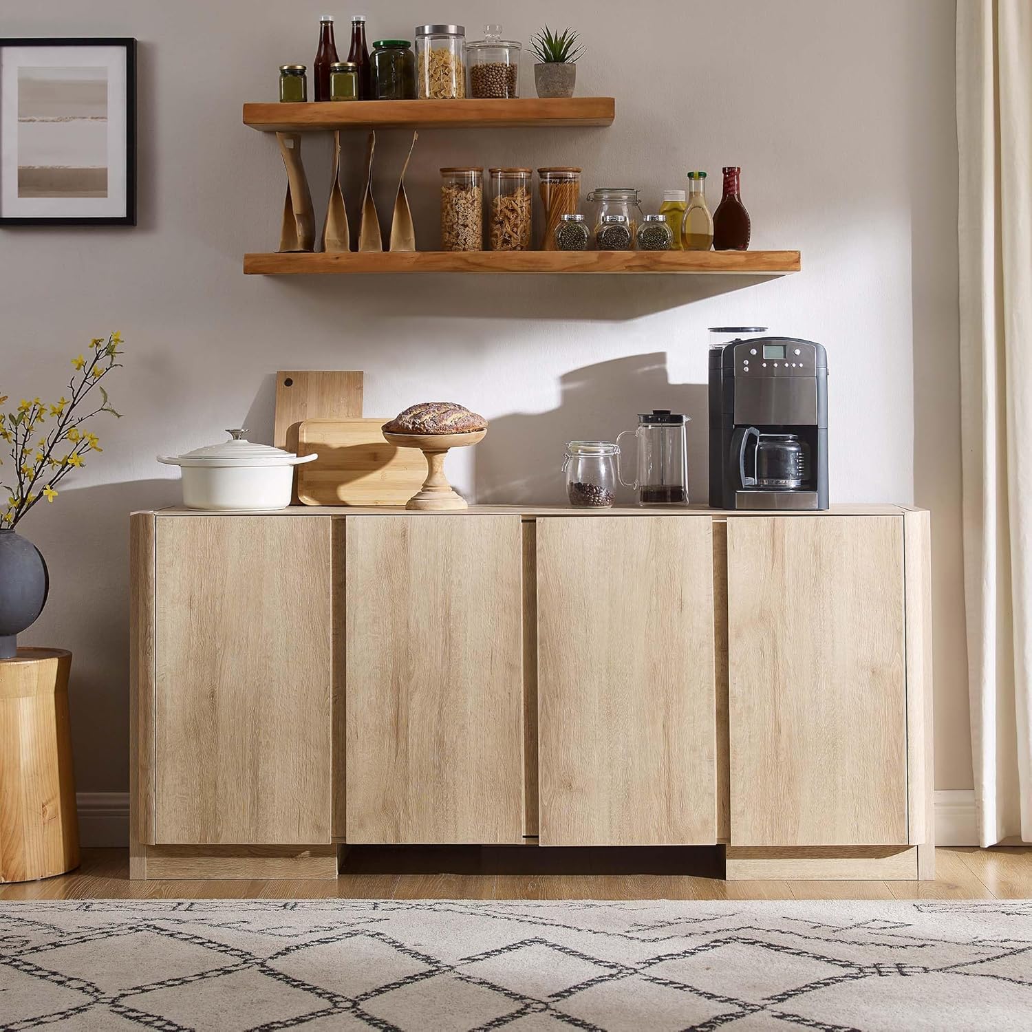 66" Large Sideboard Buffet Cabinet with Storage, 30" Tall Modern Kitchen Storage Cabinet, Adjustbale Shelf, Coffee Bar, Long Accent Table for Dining Room, Living Room, Entryway, Natural Oak