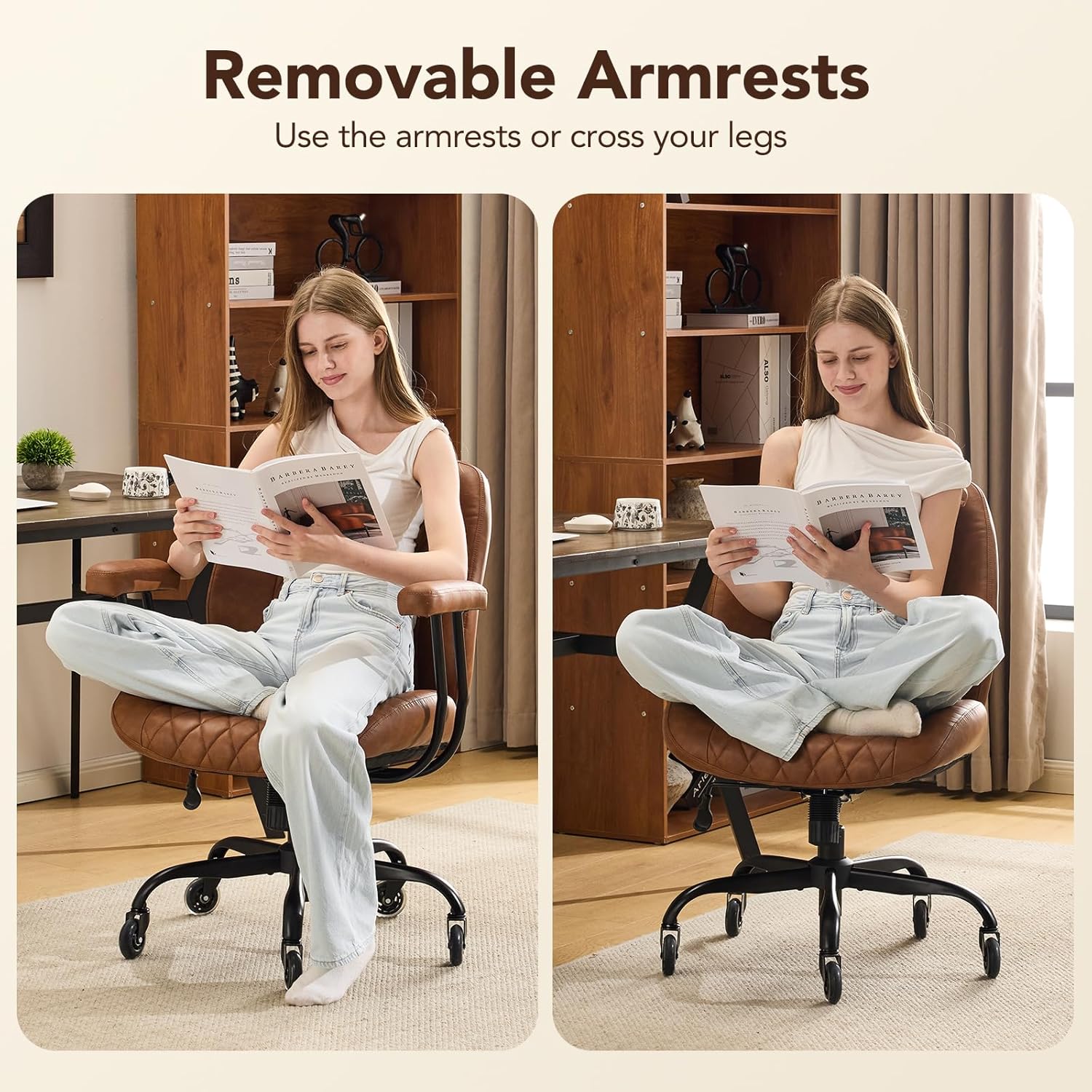 YFO Home Office Desk Chair Office Rubber Casters Ergonomic Computer Chair with Lumbar Support Adjustable Height Rolling Swivel Executive Task Armrests Chair . Brown Leather