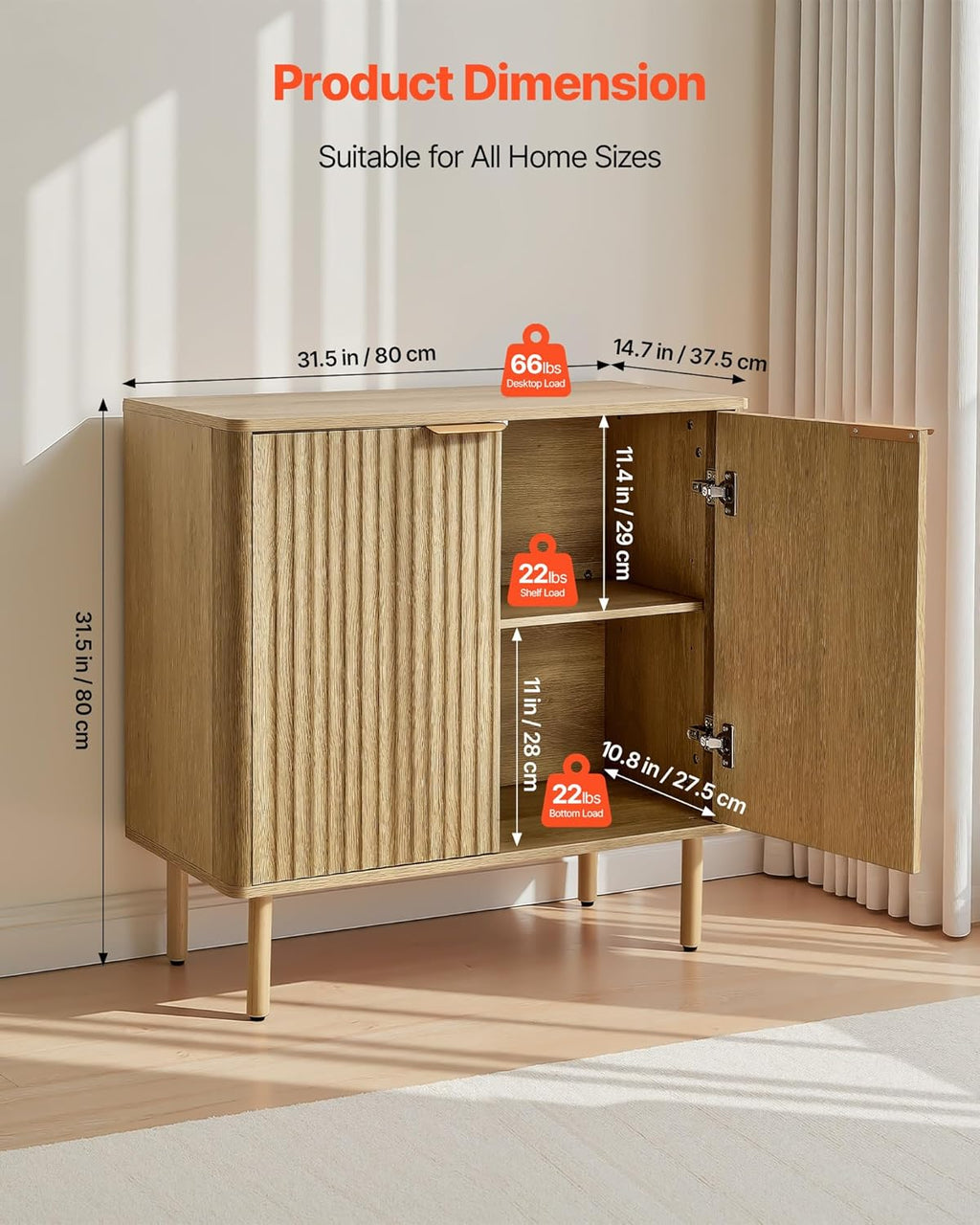 VEVOR Buffet Cabinet, Sideboard Cabinet with 2-Tier Storage, Coffee Bar Cabinet with Adjustable Shelves, Fluted Sideboard Buffet for Hallway, Entryway, Living Room, or Kitchen, Oak(2pcs)