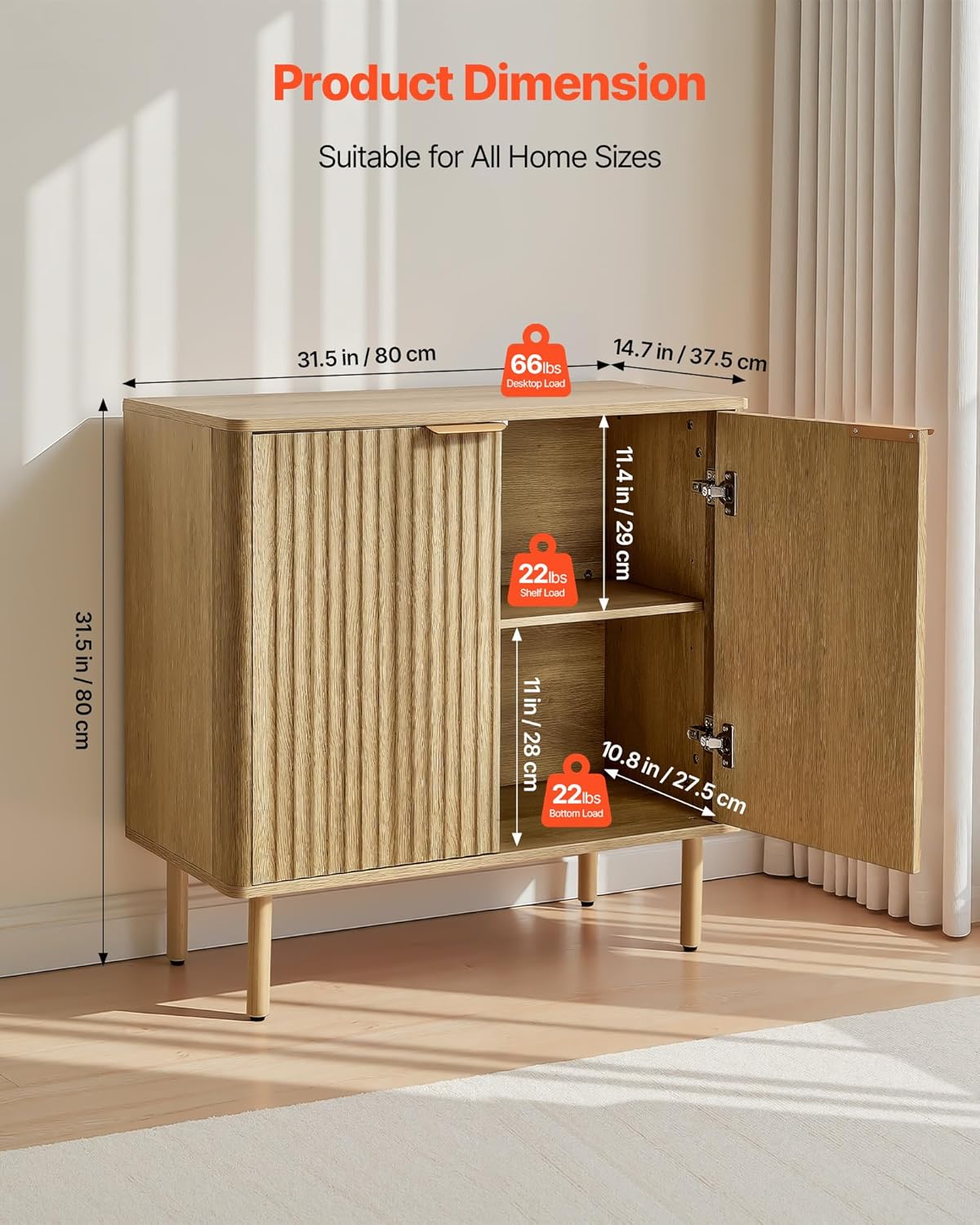 VEVOR Buffet Cabinet, Sideboard Cabinet with 2-Tier Storage, Coffee Bar Cabinet with Adjustable Shelves, Fluted Sideboard Buffet for Hallway, Entryway, Living Room, or Kitchen, Oak(2pcs)
