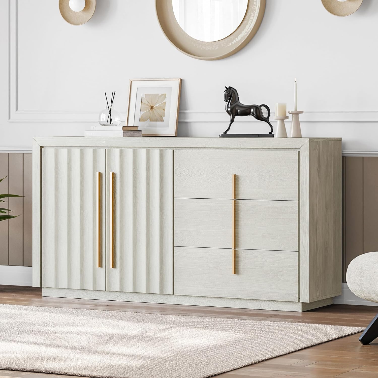 BELLEZE 64” Sideboard Buffet Cabinet, Modern Fluted Door Console Table with 3 Drawers and Adjustable Shelves, Accent Storage Cabinet for Entryway, Living Room & Dining Room - White Sand