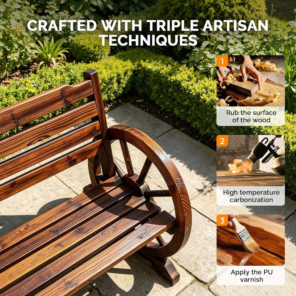 VINGLI Rustic Wooden Wheel Bench Outdoor Bench, Patio Bench Wagon Slatted Seat, Garden Benches for Outdoors 350lbs High Capacity, Weather Resistance (Rustic, 55in)