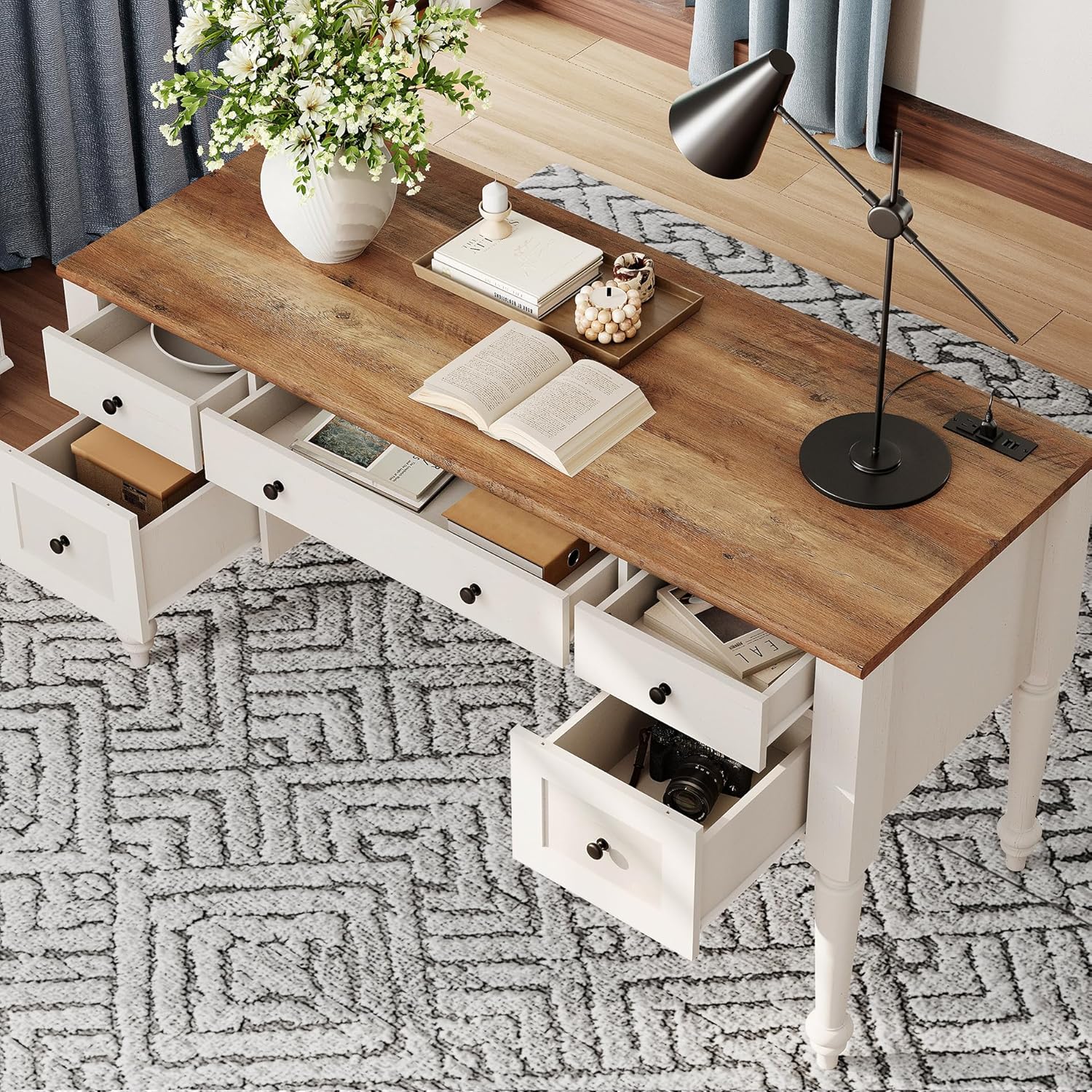 WAMPAT Home Office Furniture Set, 56" Executive Desk with Charging Station, 72" Tall Bookcase with 3 Drawers, Wood Computer Desk with File Cabinet Storage, Open Shelf, White