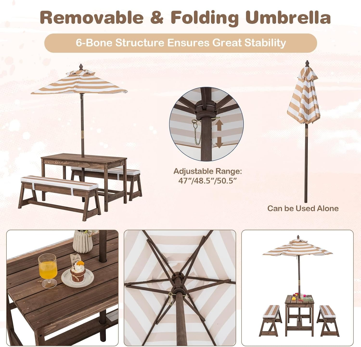 HONEY JOY Kids Picnic Table, Outdoor Wooden Table & Bench Set w/Removable Cushions and Umbrella, Stripe Fabric, Children Backyard Furniture for Patio Garden, Gift for Toddler Boys Girls Age 3+(Coffee)