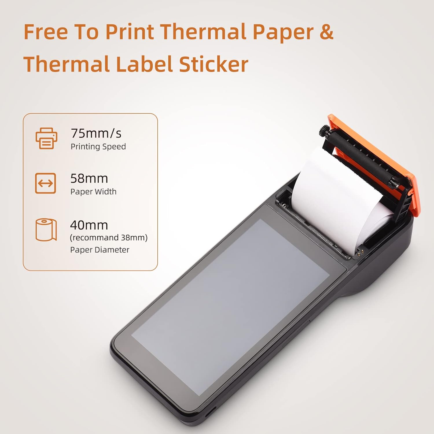 POS Receipt Printer, Handheld 3G PDA Terminal for Android 8.1 1D 2D Barcode Scanner, Support 3G BT WCDMA, with 5in Touchscreen, 58mm Width Thermal Label Printing for Supermarket Small Business