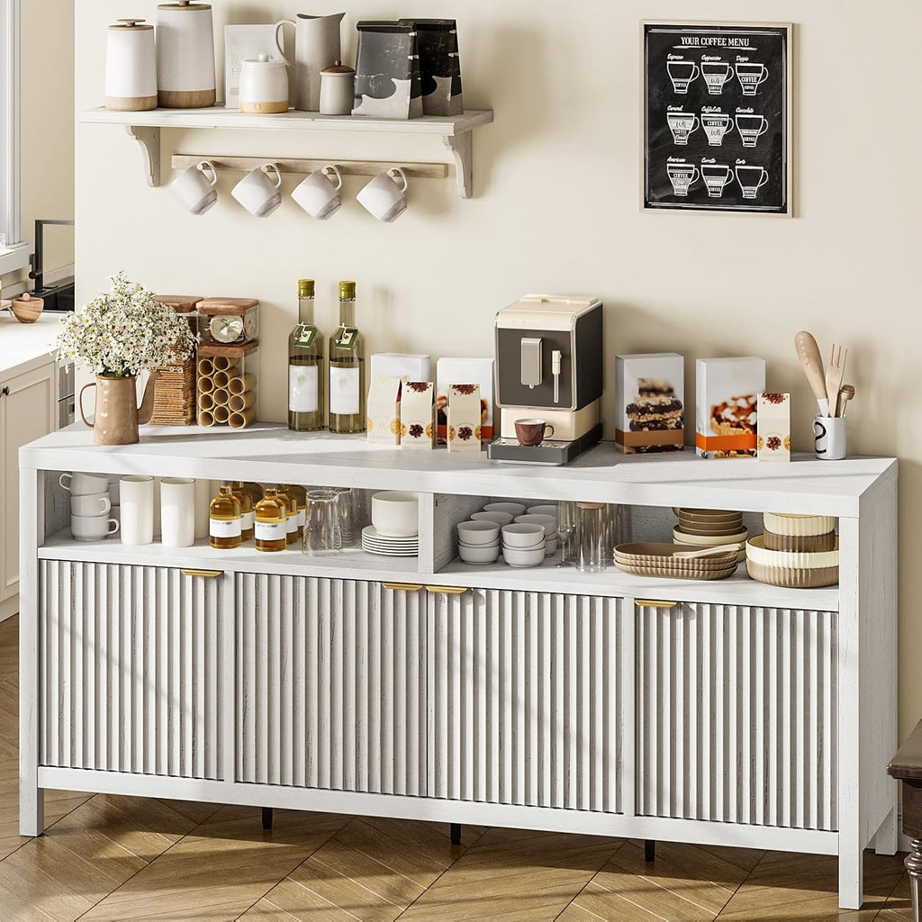 GarveeLife 65 Inch Fluted Sideboard Buffet Cabinet with Storage, Modern Wood Sideboard Cabinet with 4 Doors, Buffets & Sideboards for Kitchen,Dining Room,Living Room,Hallway,White