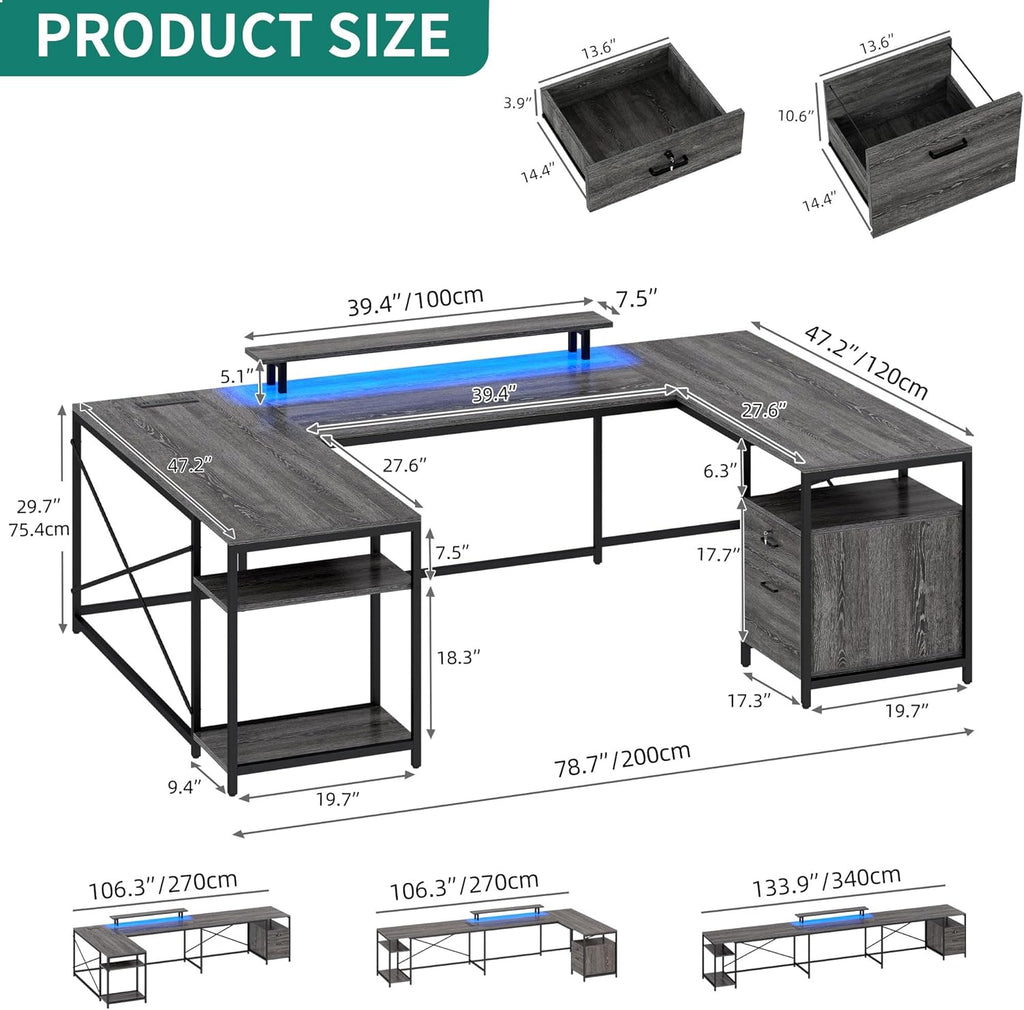 YITAHOME U Shaped Desk with Power Outlets & LED Lights, 79" Reversible L Shaped Desk with Drawers, Corner Computer Desk Office Desk with Monitor Stand & Storage Shelves, Grey