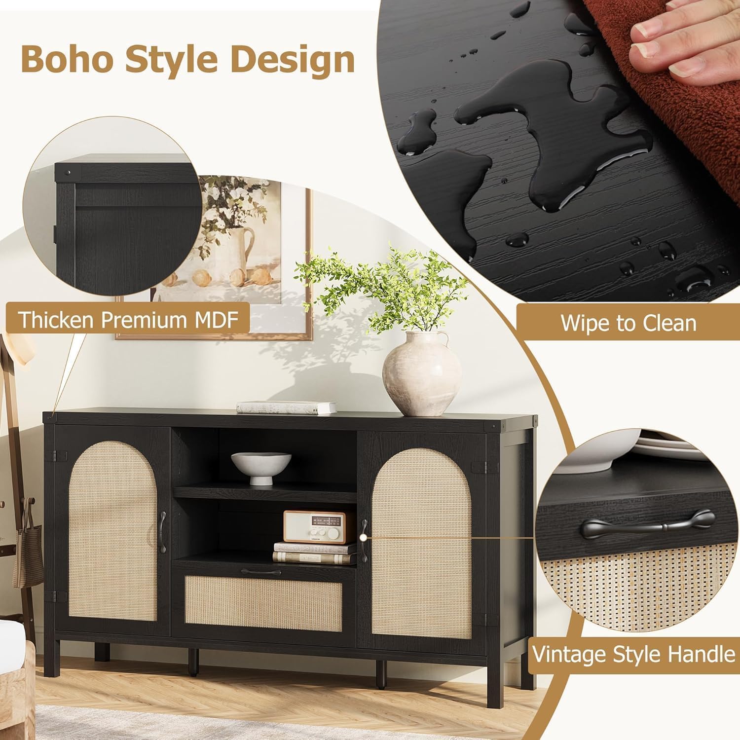 IDEALHOUSE 47.2" Buffet Cabinet with Storage, Farmhouse Kitchen Sideboard with Drawer, Rattan Coffee Bar Cabinet for Living Room, Kitchen, Entryway, Black