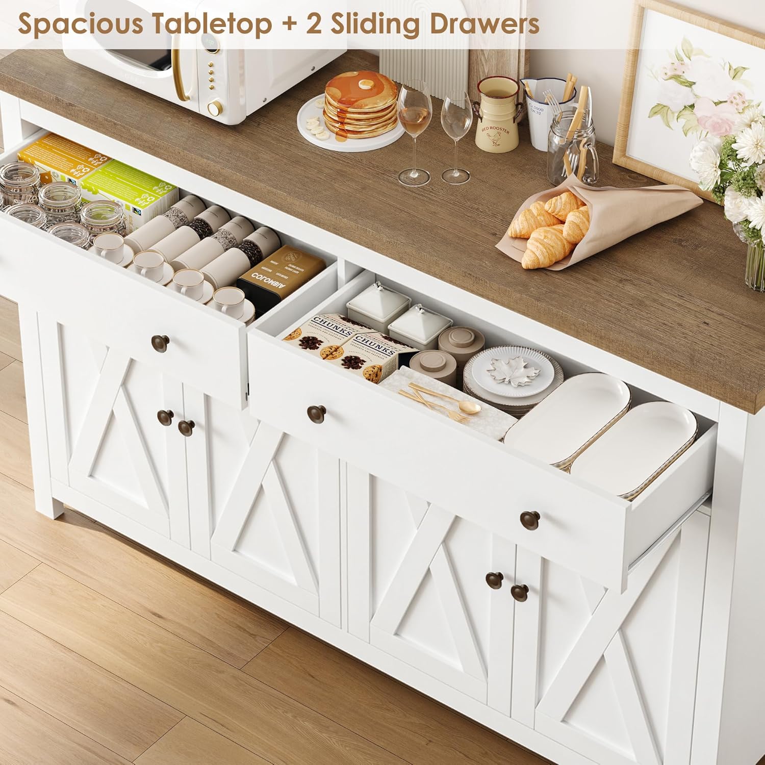 FOTOSOK Sideboard Buffet Cabinet with Storage, 55" Large Kitchen Storage Cabinet with 2 Drawers and 4 Doors, Wood Coffee Bar Buffet Table Console Table for Kitchen Dining Room, White
