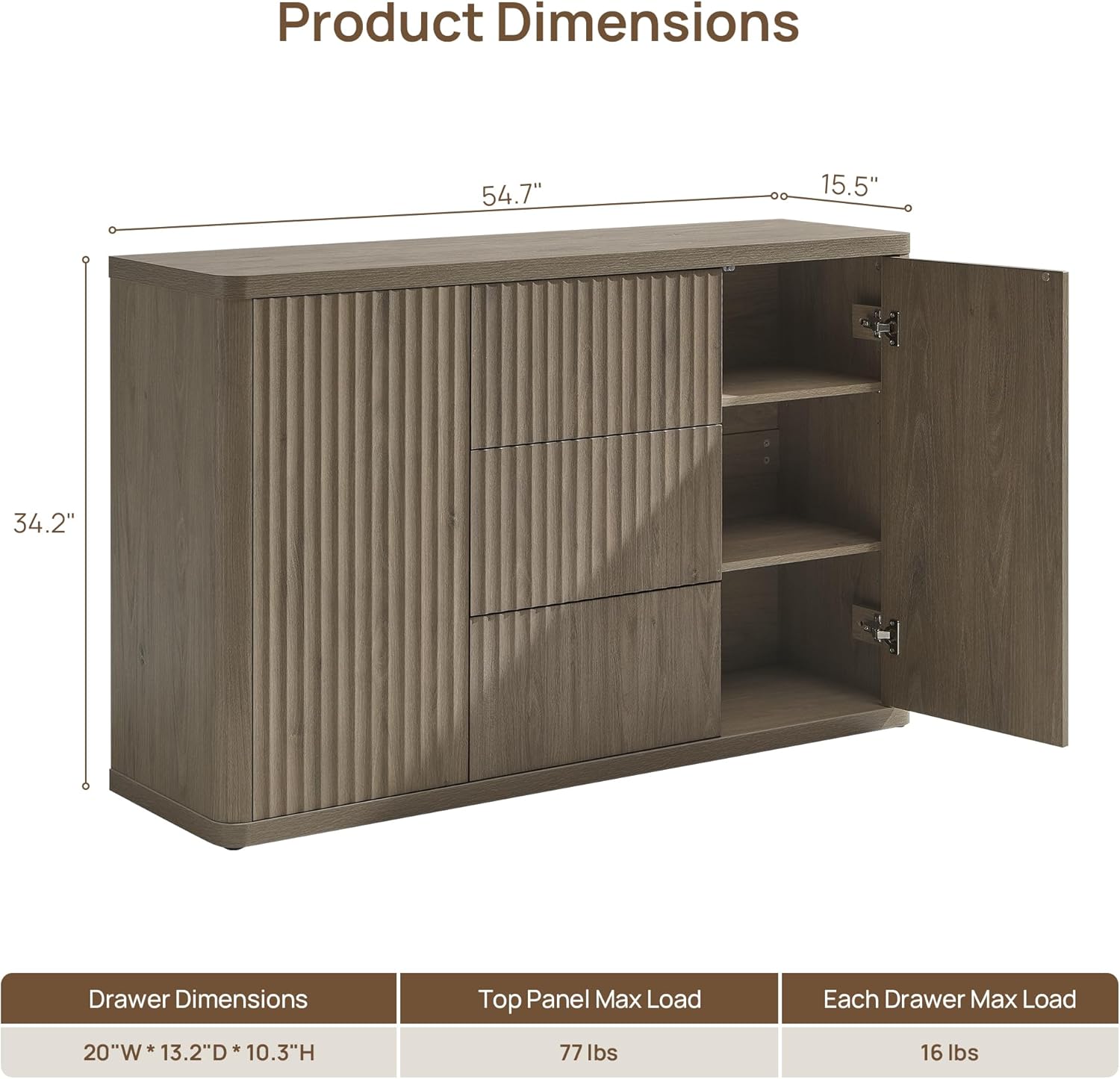 SICOTAS Buffet Cabinet with Storage 54.7" Large Modern Accent Storage Cabinet with Doors and Shelves Fluted Sideboard Credenza Buffet Table Coffee Bar for Living Room Kitchen Dining Room, Grey Alder