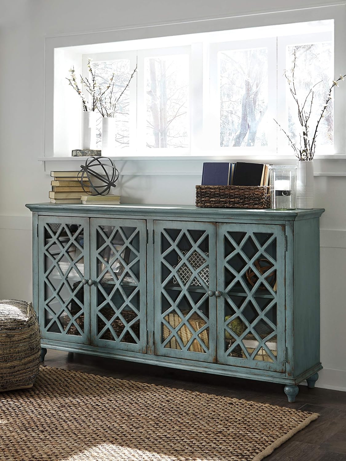 Signature Design by Ashley Mirimyn Vintage 69" 4-Door Accent Cabinet with Mirrored Glass and 2 Adjustable Shelves, Antique Blue