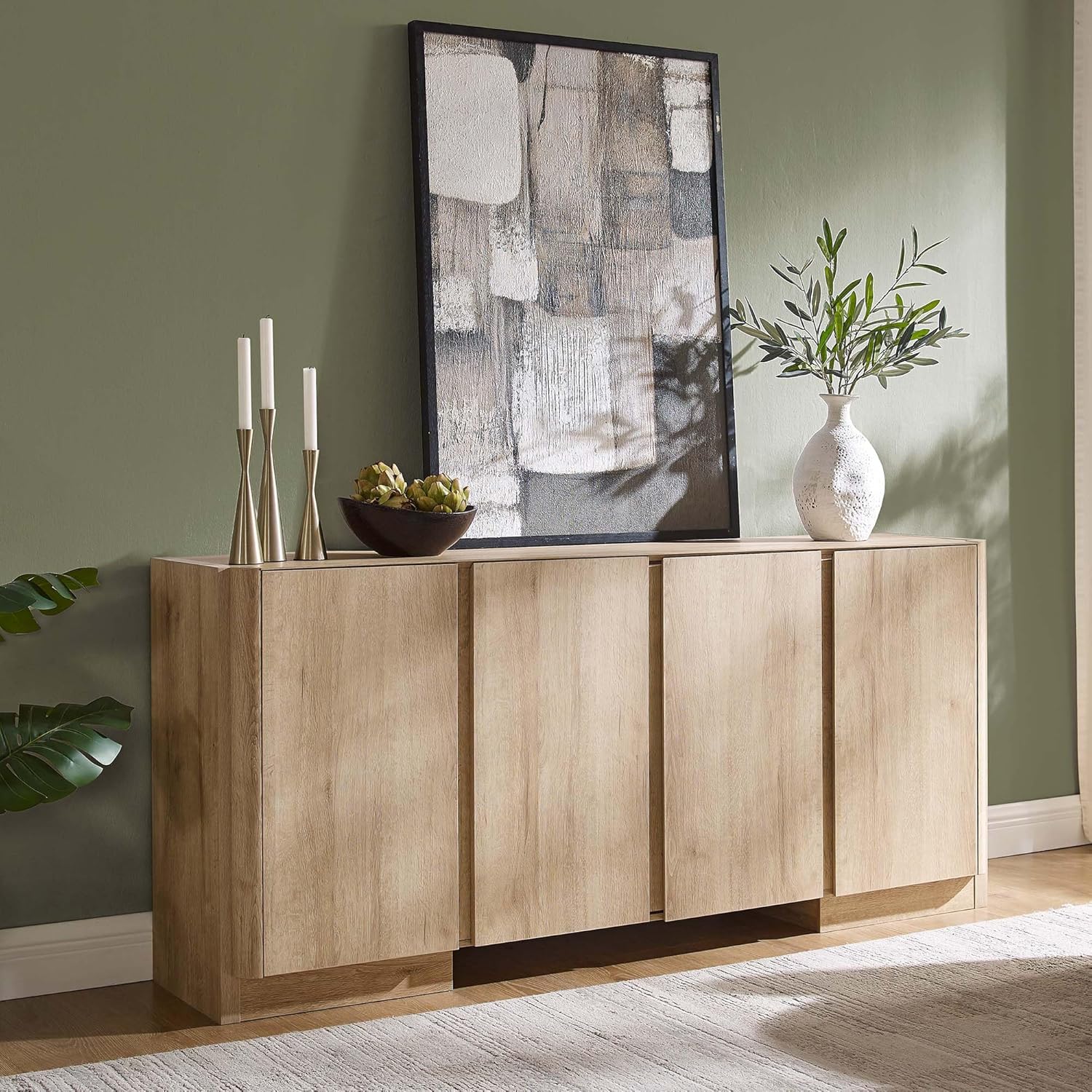 66" Large Sideboard Buffet Cabinet with Storage, 30" Tall Modern Kitchen Storage Cabinet, Adjustbale Shelf, Coffee Bar, Long Accent Table for Dining Room, Living Room, Entryway, Natural Oak