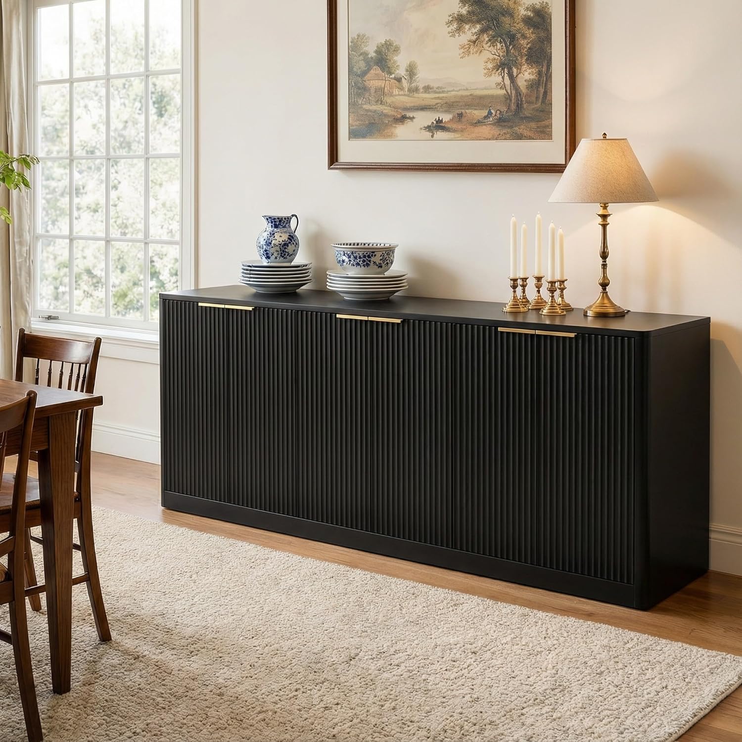 67" Fluted Buffet Cabinet Sideboard with Storage, Large Credenza with 6 Doors, Wood Mid Century Modern Sideboard for Kitchen and Living Room .Black