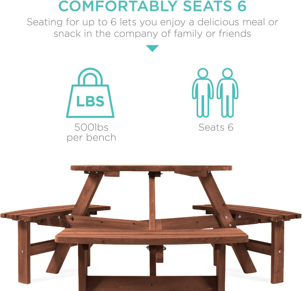 Best Choice Products 6-Person Circular Outdoor Wooden Picnic Table for Patio, Backyard, Garden, DIY w/ 3 Built-in Benches, 500lb Capacity - Walnut Brown