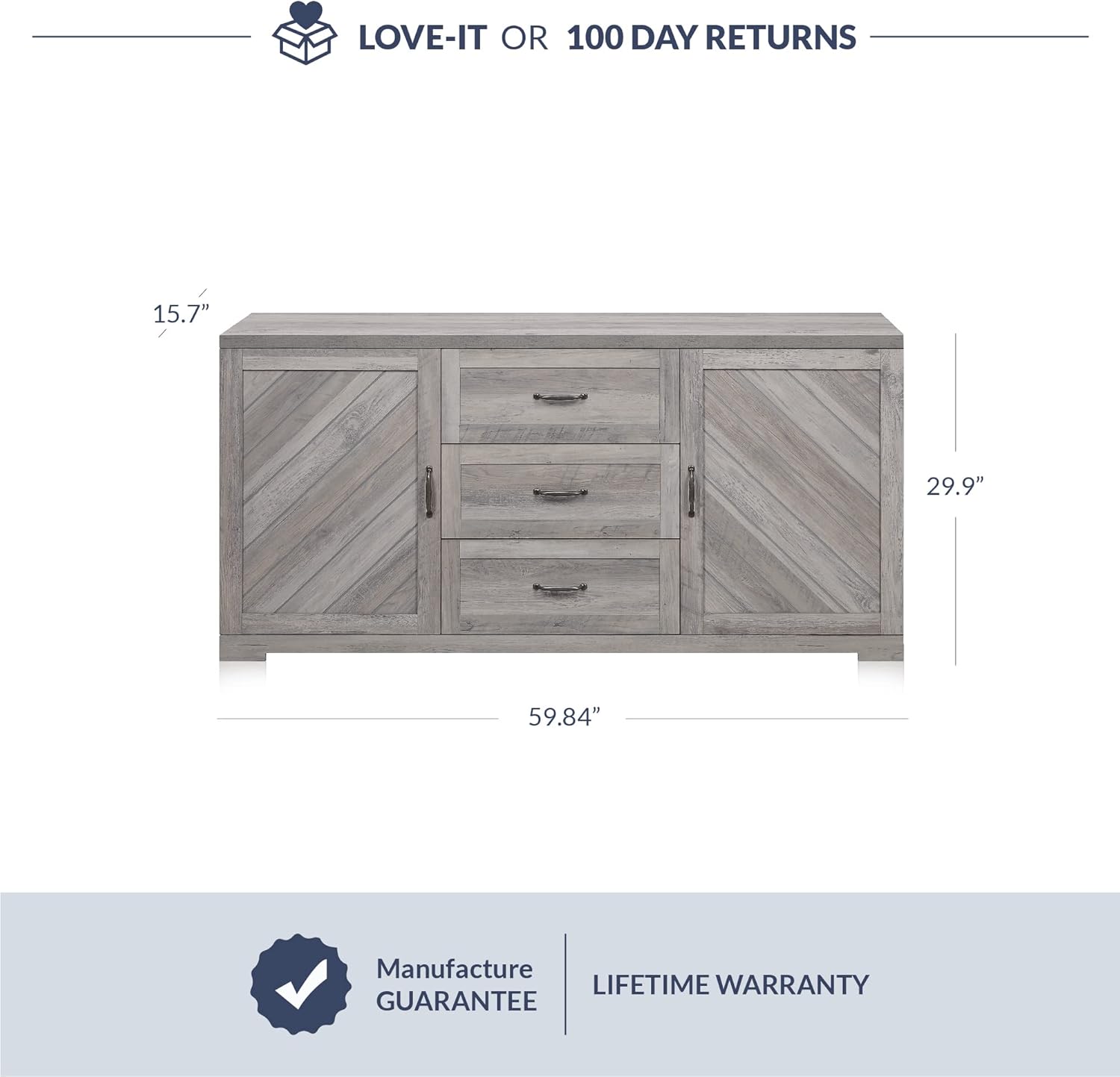BELLEZE 60" Sideboard Buffet Cabinet, Console Table with Three Drawers & Two Storage Cabinet for Dining Room, Kitchen, and Living Room- Hilo (Gray Wash)