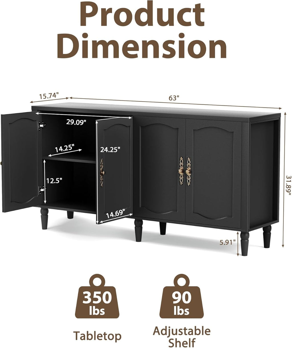 fineway 63" Sideboard Buffet Cabinet with Storage, Mid Century Modern Credenza with Adjustable Shelves & Carved Handles, Kitchen Buffet Table Large Coffee Bar for Dining Room & Living Room, Black