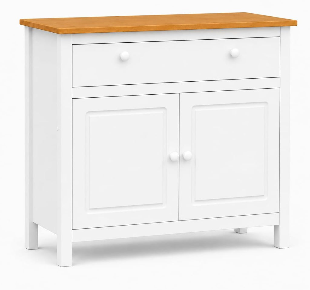 From the Tree Furniture 44" Wide White & Pine Top Solid Pine Shaker Sideboard Buffet Cabinet — 2 Doors, Adjustable Shelves & 1 Drawer — Anti-Tip Included — Two-Tone Farmhouse Finish for Dining Room