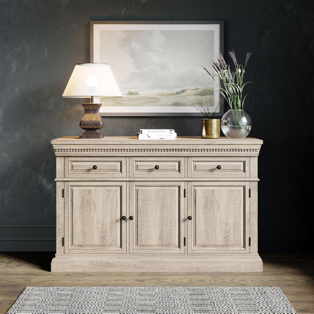 Maven Lane Theo Traditional Large Wooden Sideboard, Accent Buffet Server Table with Doors for Kitchen or Living Room in Antiqued White Finish