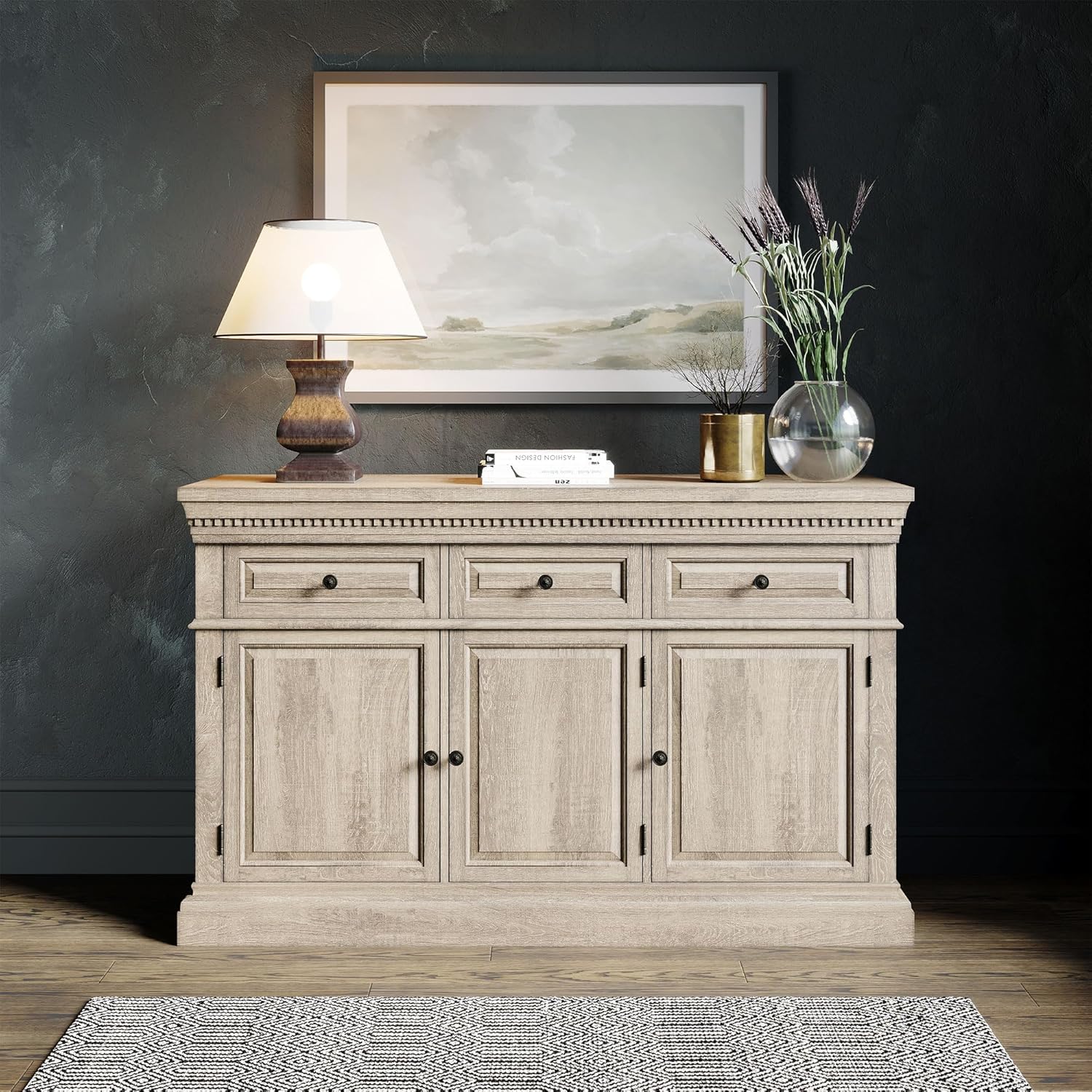 Maven Lane Theo Traditional Large Wooden Sideboard, Accent Buffet Server Table with Doors for Kitchen or Living Room in Antiqued White Finish